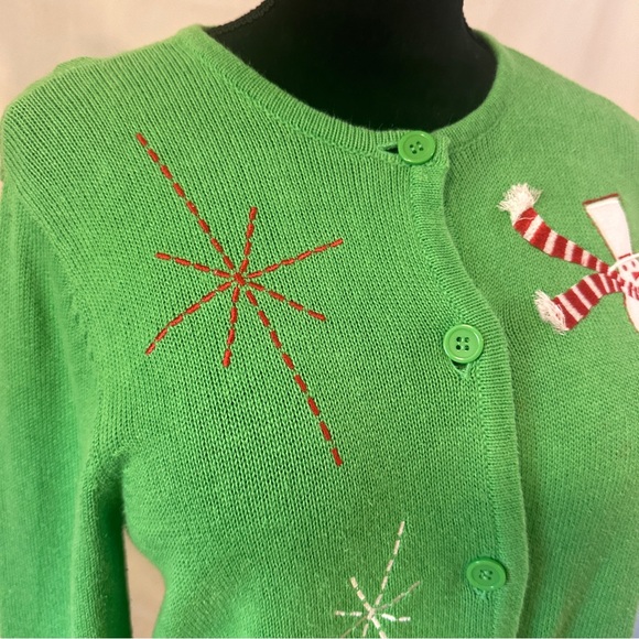 Crystal Kobe Christmas Cardigan Sweater Sm Green Felt Snowman Stitched - Picture 5 of 11